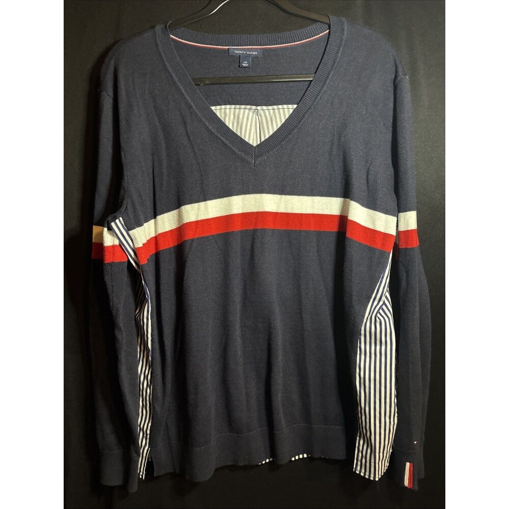 Tommy Hilfiger Women’s Large Long Sleeve V-neck Stripe Back Navy Logo